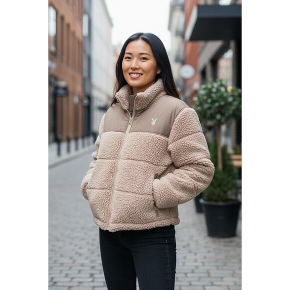 PacSun x Playboy Women’s Sherpa Cropped Zip Front Jacket XS/Small Tan - Picture 6 of 8